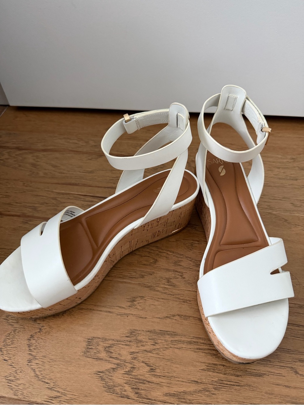 Franco Sarto White Cork Wedge Sandals with Velcro Ankle Strap